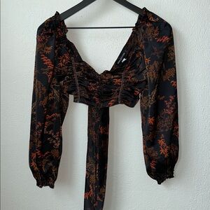 Urban Outfitters Black and Orange Printed Ruched Cropped Blouse